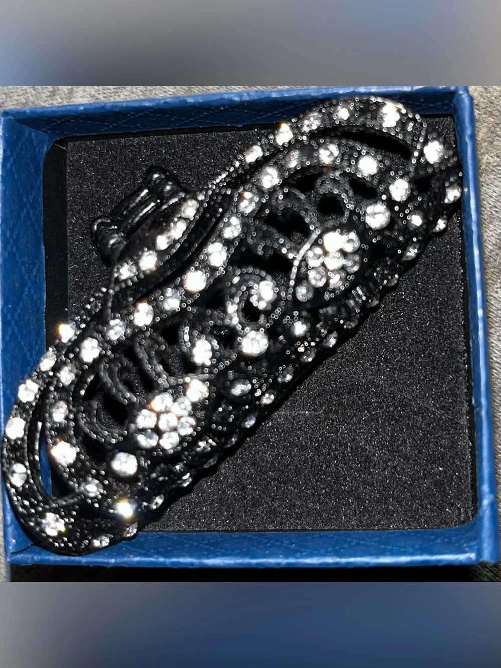Black Crystal Filigree Adjustable Ring